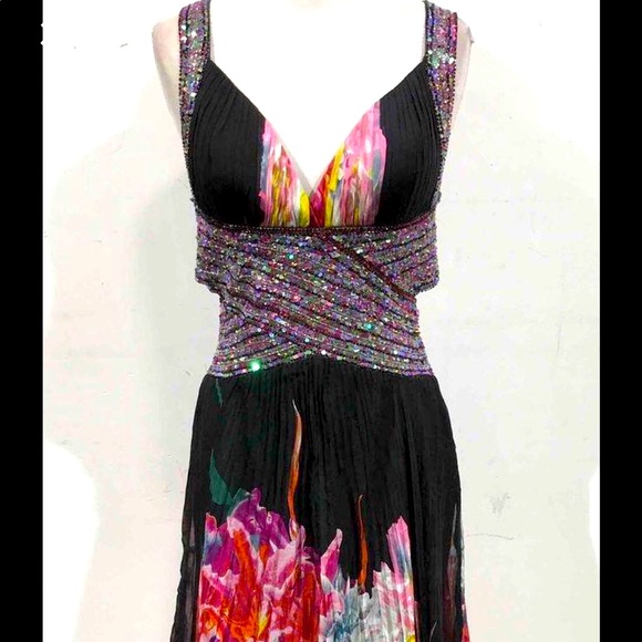 Jovani Silk Long Dress Gown Black Floral Embellished Formal Sleeveless Open Back - Picture 1 of 6